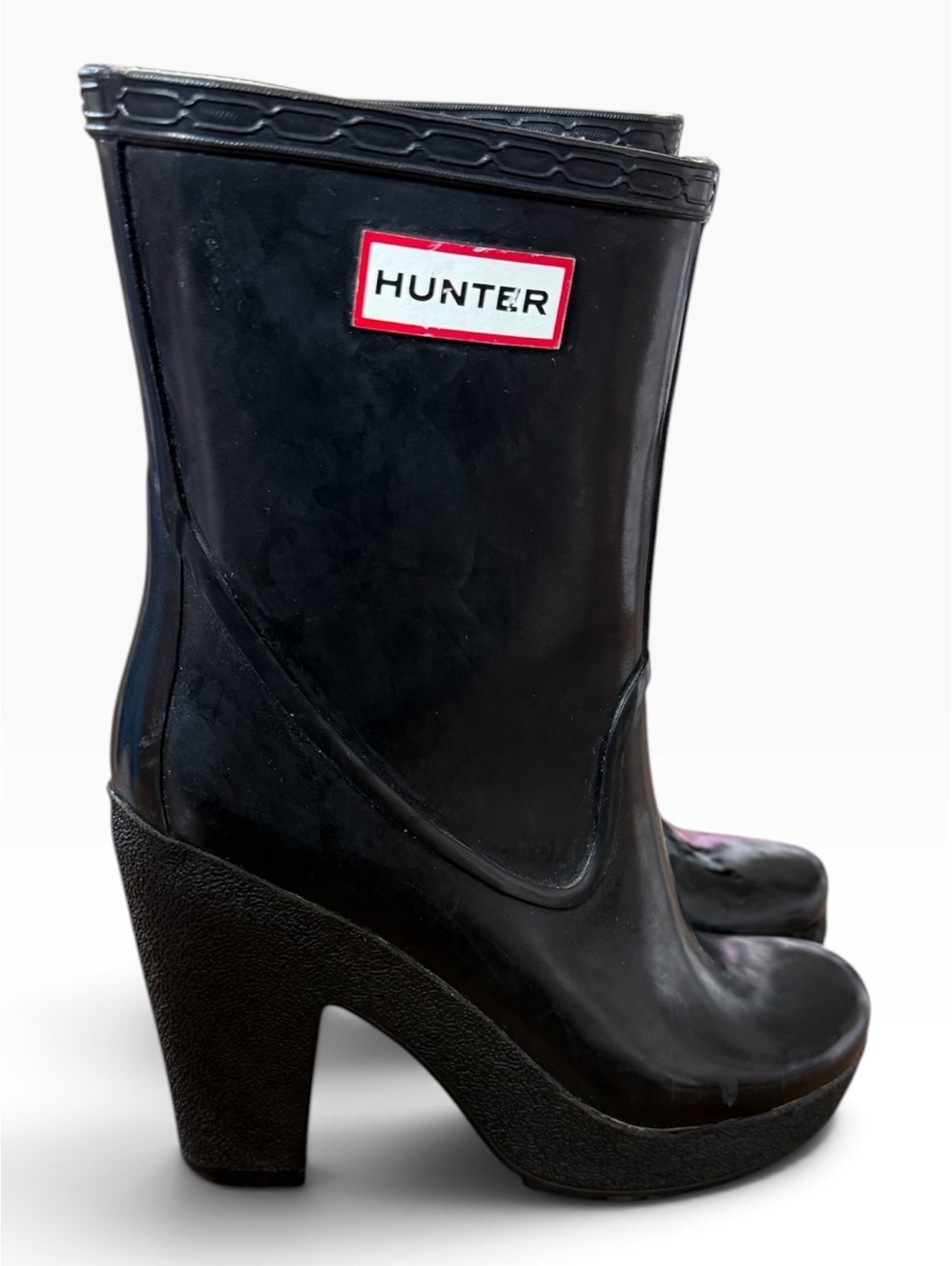 Rare Hunter Arine Black Rubber High Heel Platform Rain Boots EU 38 US 7 Women's